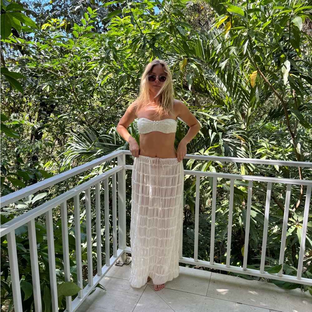 Women's White Tiered Crochet Maxi Skirt